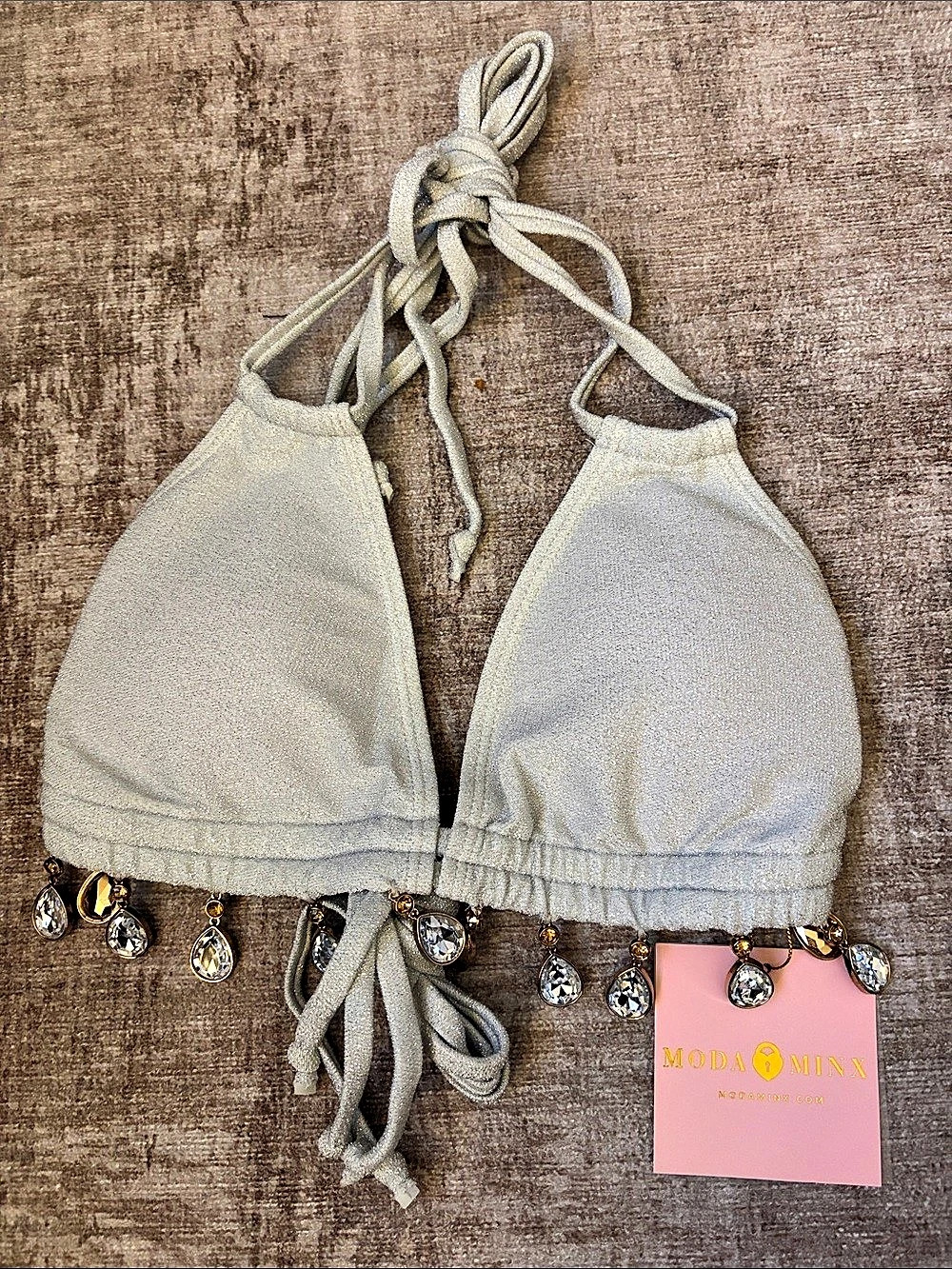 Moda Minx Daniella Orange Triangle Top Jeweled Triangle Metallic Silver Bikini T